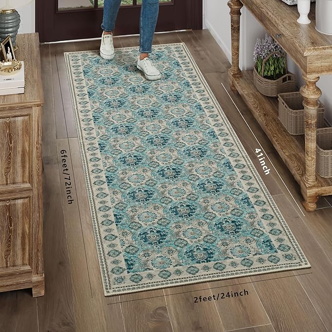 Vintage Runner Rug Washable Area Rug 2x6, Spill-Proof Surface, Non-Slip Backing, Cozy Soft Faux Wool, Printed Rug for Hallway, Kitchen, Entryway - Maya