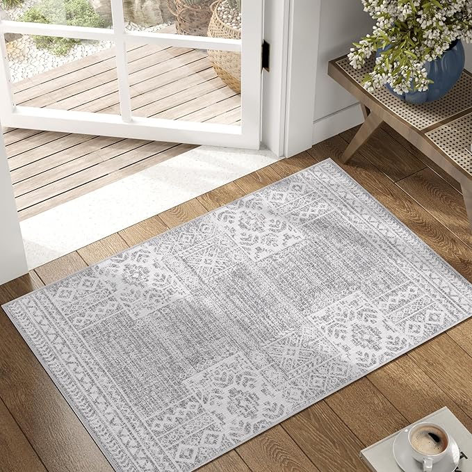 jinchan Area Rug 2x3 Ultra-Thin Door Mat Washable Vintage Boho Geometric Entryway Rug Non-Slip Non-Shedding Carpet for Bathroom Bedroom Laundry Room Grey Ivory