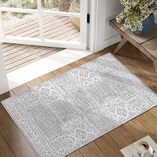 jinchan Area Rug 2x3 Ultra-Thin Door Mat Washable Vintage Boho Geometric Entryway Rug Non-Slip Non-Shedding Carpet for Bathroom Bedroom Laundry Room Grey Ivory