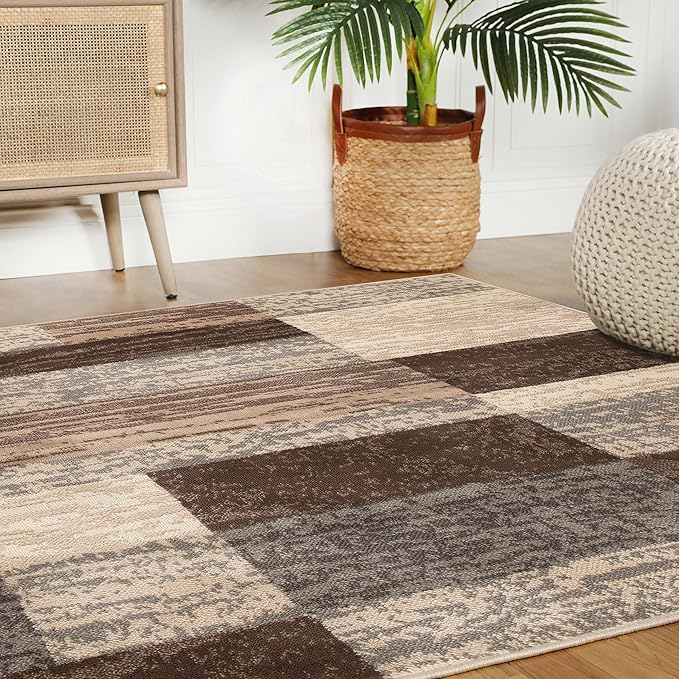 SUPERIOR Indoor Area Rug, Jute Backed, Modern Geometric Patchwork Floor Decor for Bedroom, Office, Living Room, Entryway, Hardwood Floors, Rockwood Collection, 8' x 8' Square, Slate