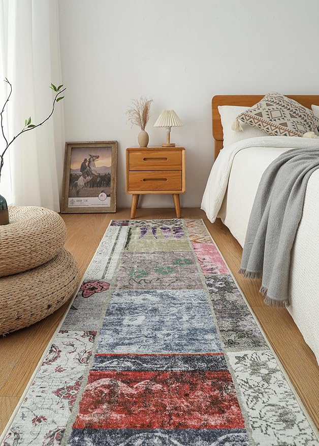 Washable Patchwork Runner Rug with Faux Wool Fabric and Non-Slip Backing for Living Room, Bedroom, Hallway, Printed Boho Floor Decoration Stain-Resistant Foldable Mat (Multi, 2'6" x 10')