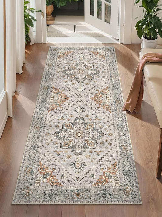 2x5 Washable Runner Rug for Hallways, Non Slip Vintage Runner, Soft Low Pile Long Rug Runner, Print Distressed Grey Carpet Runners for Kitchen Bedroom Entryway Bathroom Living Room