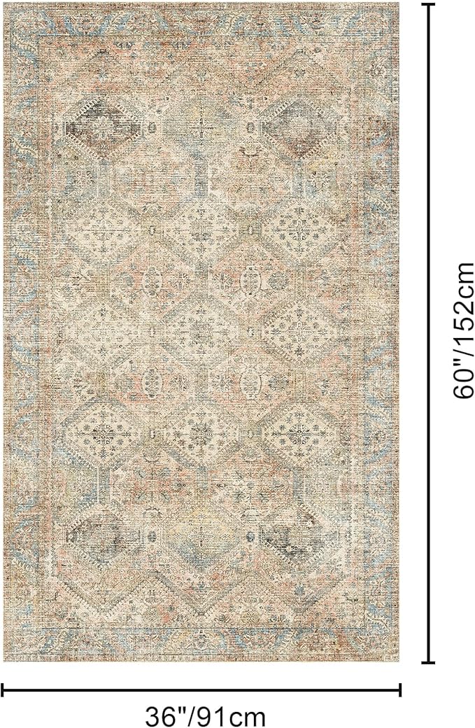 Bavni 3x5 Area Rugs for Living Room, Machine Washable Rug Non Slip, Vintage Chenille Distressed Print Carpet, Large Low Pile Ultra-Thin Lightweight Rugs for Bedroom, Dining Room, Office, Wood Brown