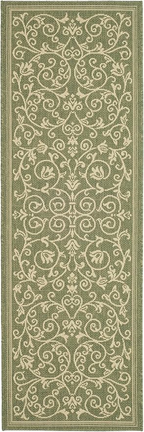 SAFAVIEH Courtyard Collection Runner Rug - 2'3" x 14', Olive & Natural, Scroll Design, Non-Shedding & Easy Care, Indoor/Outdoor & Washable-Ideal for Patio, Backyard, Mudroom (CY2098-1E06)