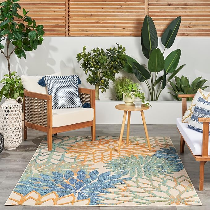 Nourison Aloha Indoor Outdoor Blue Green 5'3" x 7'5" Area Rug, Easy Cleaning, Non Shedding, Bed Room, Living Room, Dining Room, Backyard, Deck, Patio (5x7)