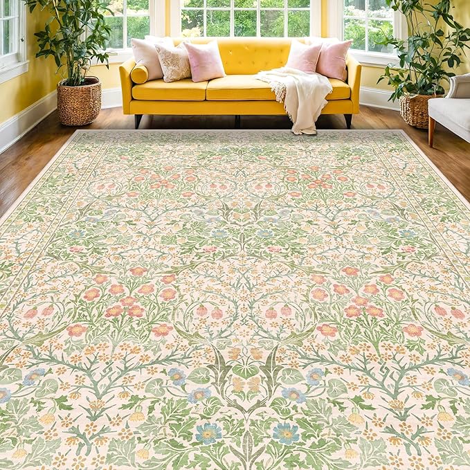 Washable Light Green Rug for Living Room - 9x12 Large Area Rug for Dining Room Under Table, Soft Low Pile Carpet for Bedroom - Vintage Floral, Non-Slip & Stain Resistance (9x12 Beige Green)