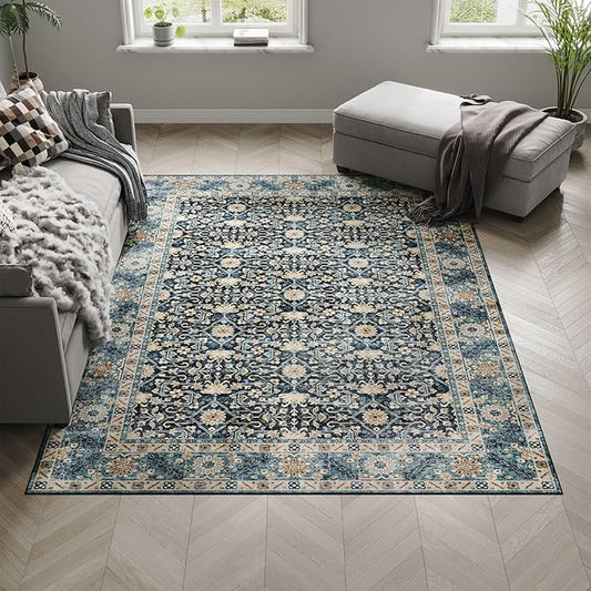 Dripex 4x6 Area Rugs, Machine Washable Non Slip Boho Rugs,Distressed Bedroom Rug, No Pile Lightweight Vintage Rug, Floor Carpet for Living Room,Dining Room and Office,Navy Blue
