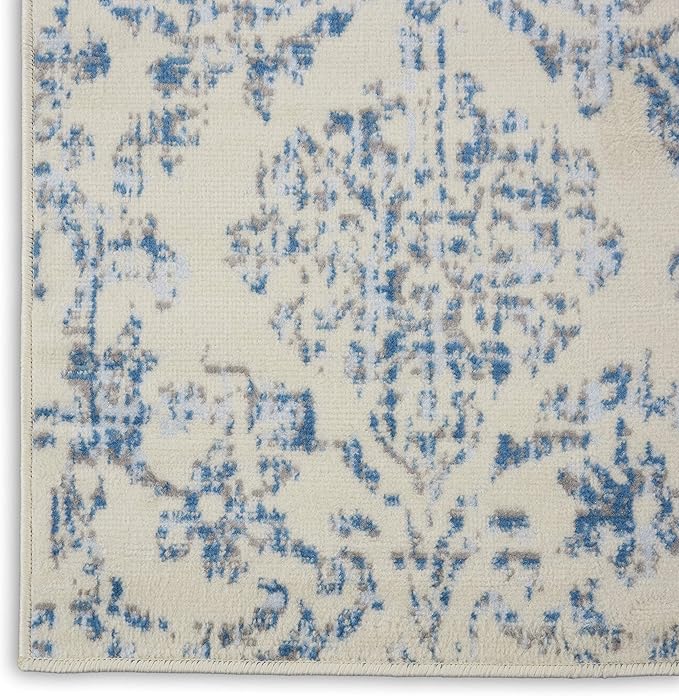 Nourison Jubilant Damask Ivory/Blue 3' x 5' Area-Rug, Easy-Cleaning, Non Shedding, Bed Room, Living Room, Dining Room, Kitchen (3x5)