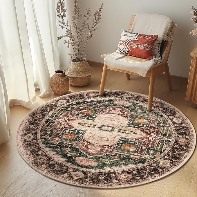 Washable 4ft Area Rugs, Rugs for Living Room, Low-Pile Water&Stain Resistant Carpet Vintage Distressed Printed Non-Slip Carpet for Bedroom Bathroom Kitchen-Green