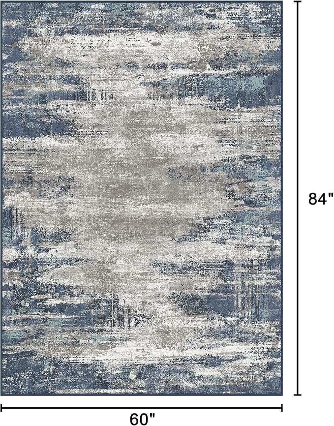Bavni 5x7 Rug, Abstrcat Machine Washable Rug Non-Slip, Soft Mordern Lightweight Area Rug, Stain Resistant Rugs for Living Room, Bedroom, Dining Room, Blue/Ivory