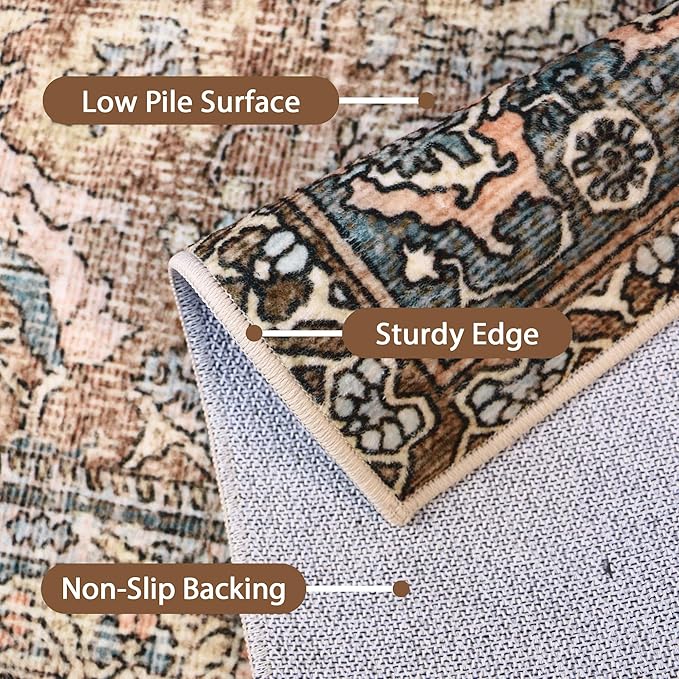 8X10 Area Rugs Machine Washable Rugs for Living Room, Vintage Boho Large Rugs for Bedroom Dining Room, Non Slip Indoor Soft Distressed Lightweight Thin Low Pile Carpet, Cinnamon
