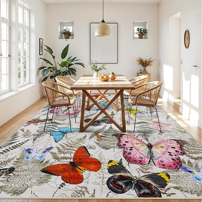 RUUGME Washable 9x12 Area Rug - Large Boho Rugs for Living Room Stain Resistant Carpet Vintage Tribal Rugs for Bedroom with Non Slip Backing Home Decor Floor Decoration Mat 9x12 Butterfly Beige