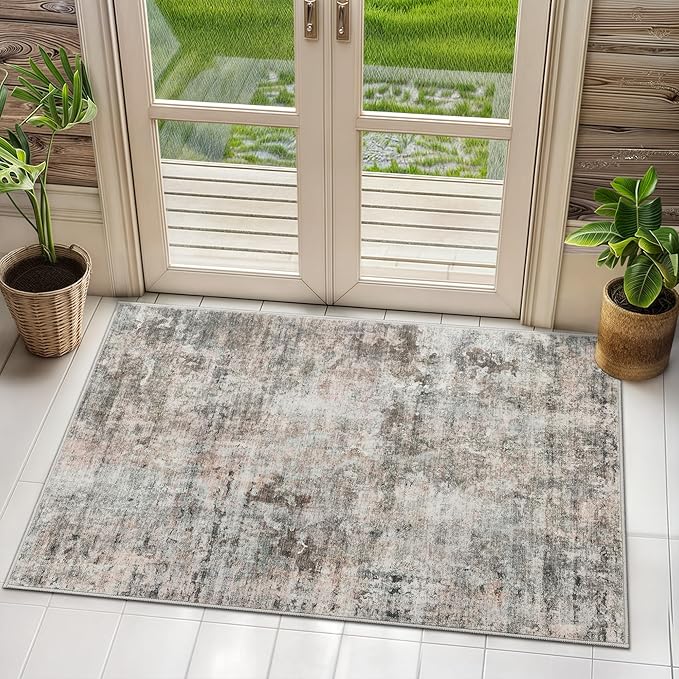 2x3 Abstract Washable Rugs for Kitchen, Floor, Entryway, Powder Room Small Area Rug Non-Slip Vintage Low Pile Throw Door Mat Pink Brown Pink