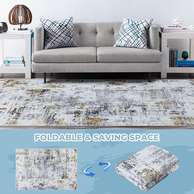 3'x5' Washable Area Rug - Modern Abstract Carpets for Living Room, Bedroom & Dining Room, Stain Resistant, Soft Non-Slip, Machine Washable (Black Gold)