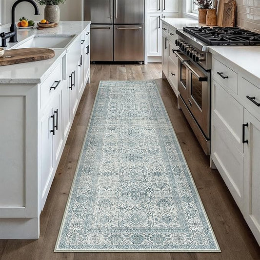Blue Runner Rug 2x8 Vintage Area Carpet Hallway Long Indoor Kitchen Washable Living Room Low Pile Traditional Distressed Retro Accent Throw Rug Non Slip Laundry Bathroom Office Dining Room