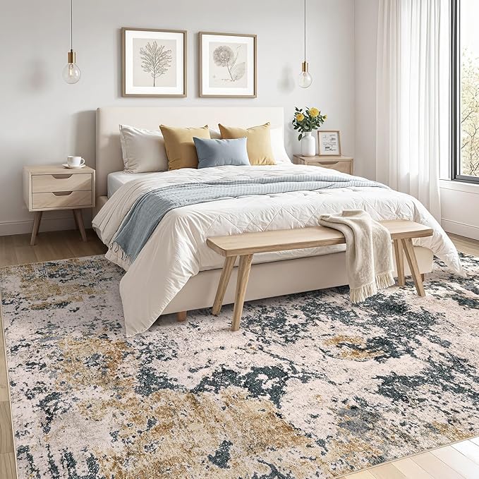Area Rugs for Living Room: 7x9 Abstract Washable Rug Large Soft Stain Resistant Non-Slip Backing for Bedroom Dining Room Indoor Home Office Carpet for Kids Pet Friendly Families - Grey Gold