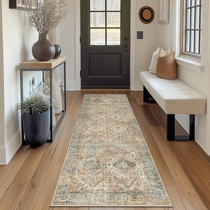 Bavni 2x7 Runner Rug Non Slip, Machine Washable Rug Runners for Hallways, Vintage Distressed Print Kitchen Runner, Low Pile Lightweight Carpet Runner for Entryway Laundry Bedroom Bathroom Wood Brown