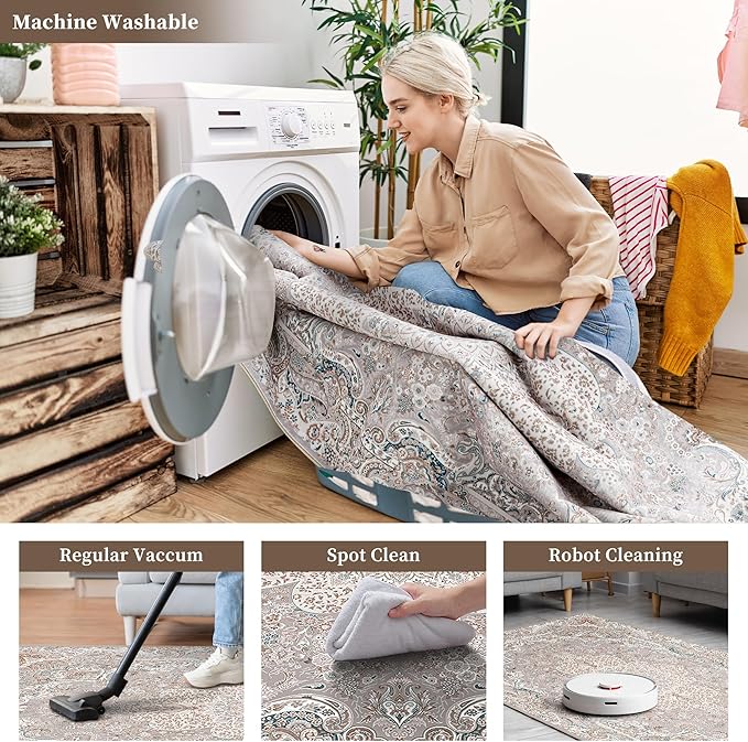 9x12 Rug, Washable Neutral Boho Modern Vintage Non Slip Floral Area Carpet, Low Pile Soft Rugs, Slip Resistance, Pet-Friendly, Durable Rug for Living Room, Bedroom, Kitchen, Dining Room