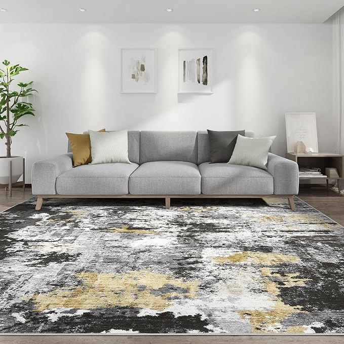 Washable Rug 10x14 Area Rugs for Living Room: Modern Abstract Neutral Soft Large Rug for Bedroom Dining Room Under Kitchen Table Home Office Decor - Black Gold