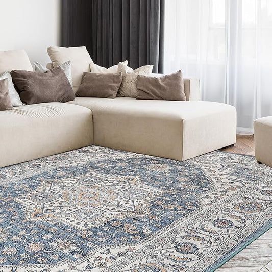 Vintage Area Rug, 9x12 Washable Rugs for Living Room Bedroom Indoor Throw Rug, Distressed Boho Country Accent Rugs, Thin Low-Pile Floor Carpet for Kids Pet (Navy/Grey)