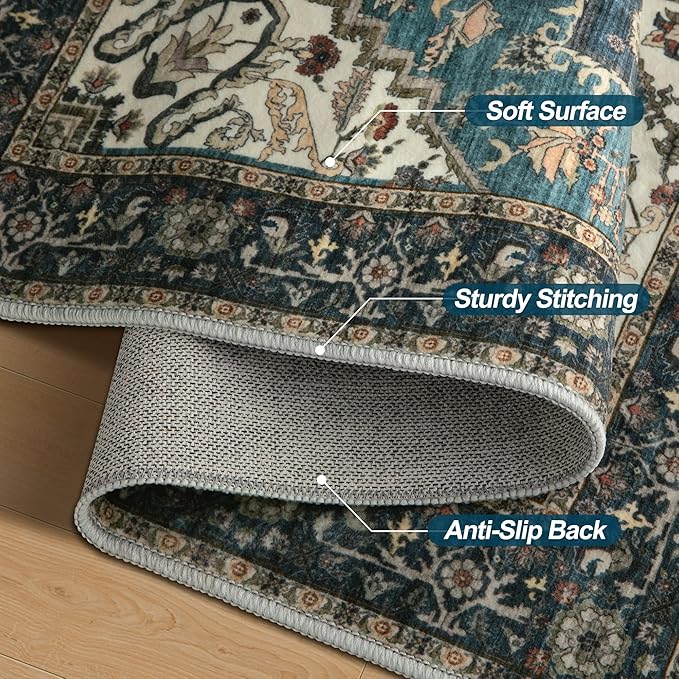 2x3 Washable Rug for Entryway, Vintage Non Slip Small Area Rug, Indoor Front Door Rug, Print Distressed Blue/Beige, Soft Low Pile Rugs for Entrance Kitchen Bedroom Bathroom
