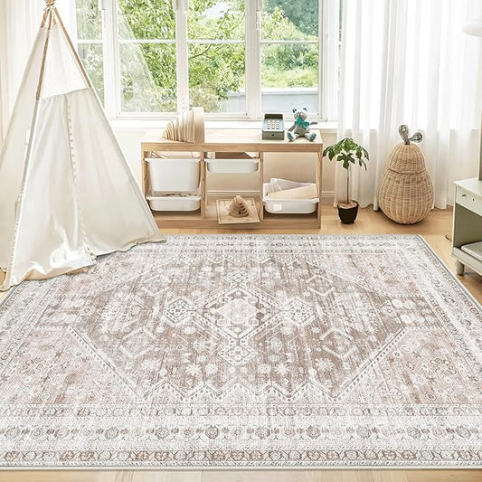 Zomfy Area Rug Vintage 4x6 Rug: Washable Indoor Rug, Traditional Oriental Medallion Rug, Non Slip Carpet for Living Room Bedroom Dining Table Kitchen(Beige, 4'x6')