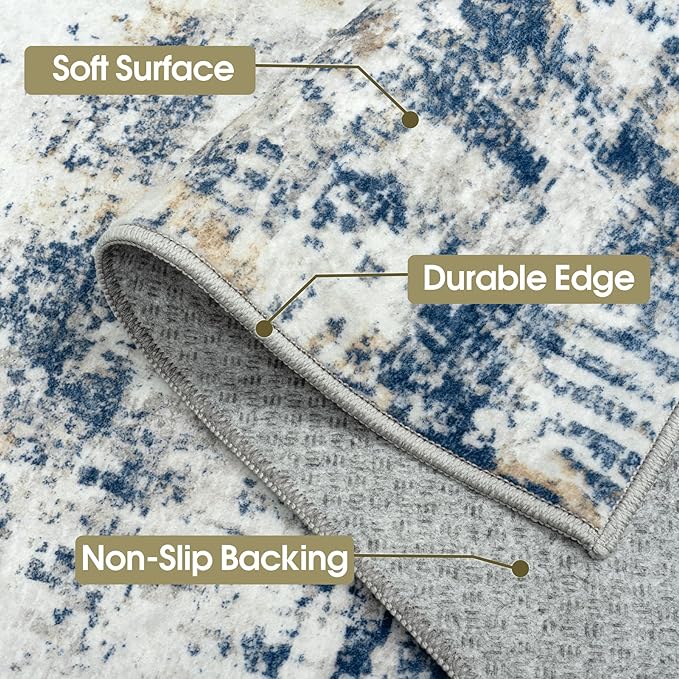 10x14 Area Rugs Living Room Rugs: Large Washable Rug with Anti-Slip Backing Non-Shedding Stain-Resistant Soft Abstract Carpet for Bedroom Dining Room Nursery Home Office Blue Brown