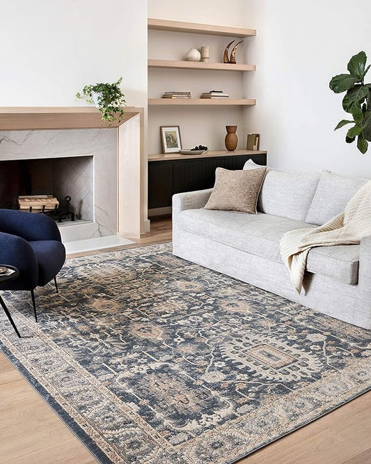 Loloi Teagan Collection 5'-3" x 7'-6" Area Rug in Denim/Pebble - Large, Soft Neutral Rug, High-Traffic for Living Room, Bedroom, Home Office, Dining Area