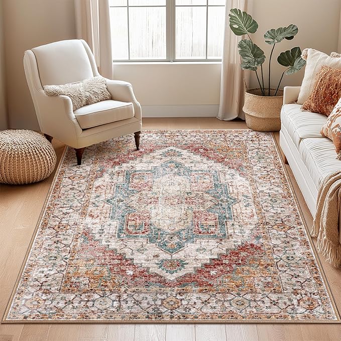 Washable 3x5 Area Rugs, Rugs for Living Room, Low-Pile Water&Stain Resistant Carpet Vintage Distressed Printed Non-Slip Carpet for Bedroom Bathroom Kitchen-Yellow/Brown