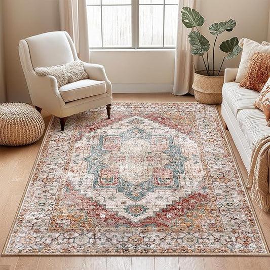 Washable 3x5 Area Rugs, Rugs for Living Room, Low-Pile Water&Stain Resistant Carpet Vintage Distressed Printed Non-Slip Carpet for Bedroom Bathroom Kitchen-Yellow/Brown