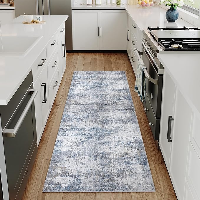 2x6 Runner Rugs Grey Blue Machine Washable Hallway Area Rug Indoor Accent Rug Abstract Non Slip Low Pile Carpet Distressed Throw Rug for Bedroom Living Room Office Dining Room Kitchen