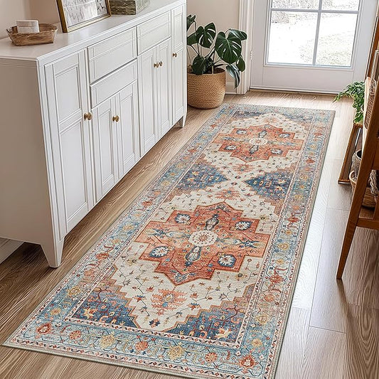 2X10 Area Rugs Machine Washable Runner Rugs for Living Room, Vintage Boho Rugs for Bedroom Dining Room, Non Slip Indoor Soft Distressed Lightweight Thin Low Pile Carpet, Blue Beige Orange