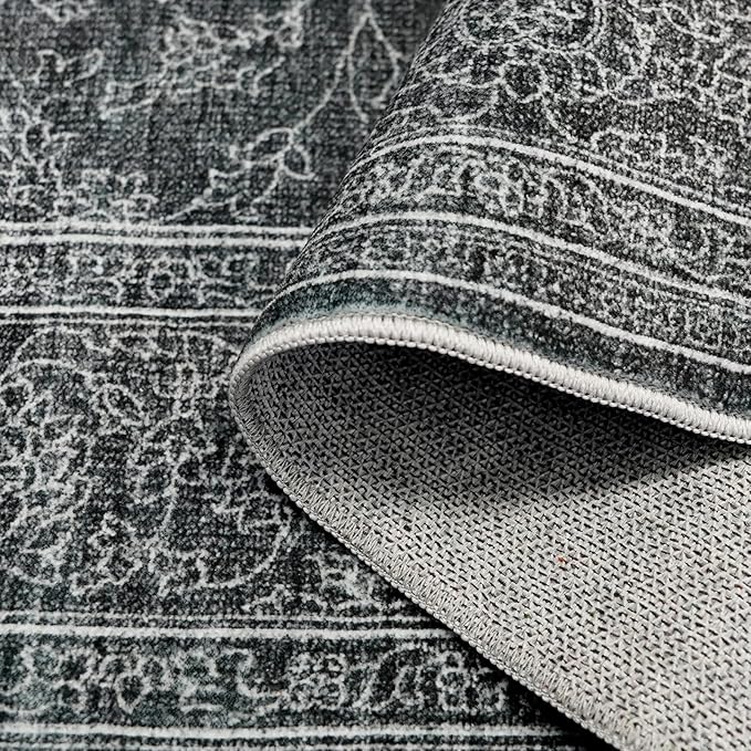 Washable Oriental Area Rug - 9x12 Rugs for Living Room Soft Carpet for Bedroom Waterproof Floral Distressed Indoor Stain Resistant Non-Shedding Floor Carpets (Black Green, 9x12)