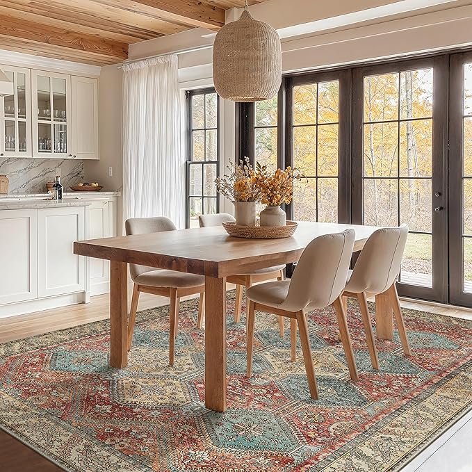 Bavni 3x5 Area Rugs for Living Room, Machine Washable Rug Non Slip, Vintage Chenille Distressed Print Carpet, Large Low Pile Ultra-Thin Lightweight Rugs for Bedroom, Dining Room, Office, Blue/Tan/Red