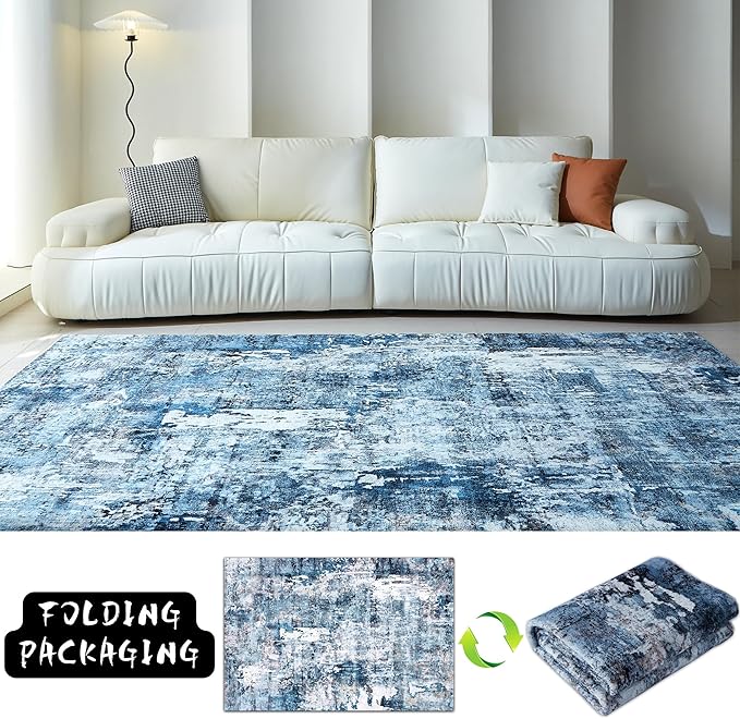 2x3 Rug Washable Boho Rug Soft Small Area Rug Abstract Pattern Non-Slip Non-Shedding Faux Wool Vintage Rug for Door Mat, Kitchen, Floor, Entryway, Powder Room, Blue
