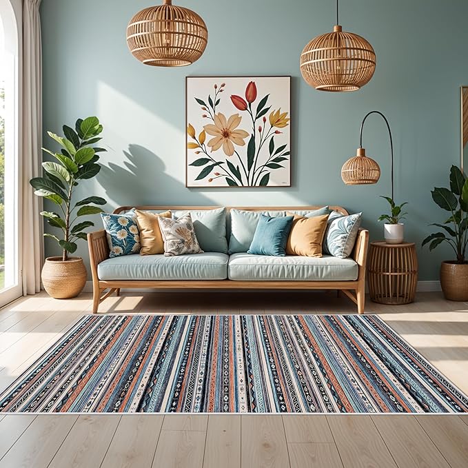 4x8 Rug Washable Indoor: Non-Slip Southwestern Striped Carpet for Kitchen Hallway Entry - Farmhouse Low Pile Stain Resistant Long Thin Front Door Mat 4x8 Blue/Black/Multi