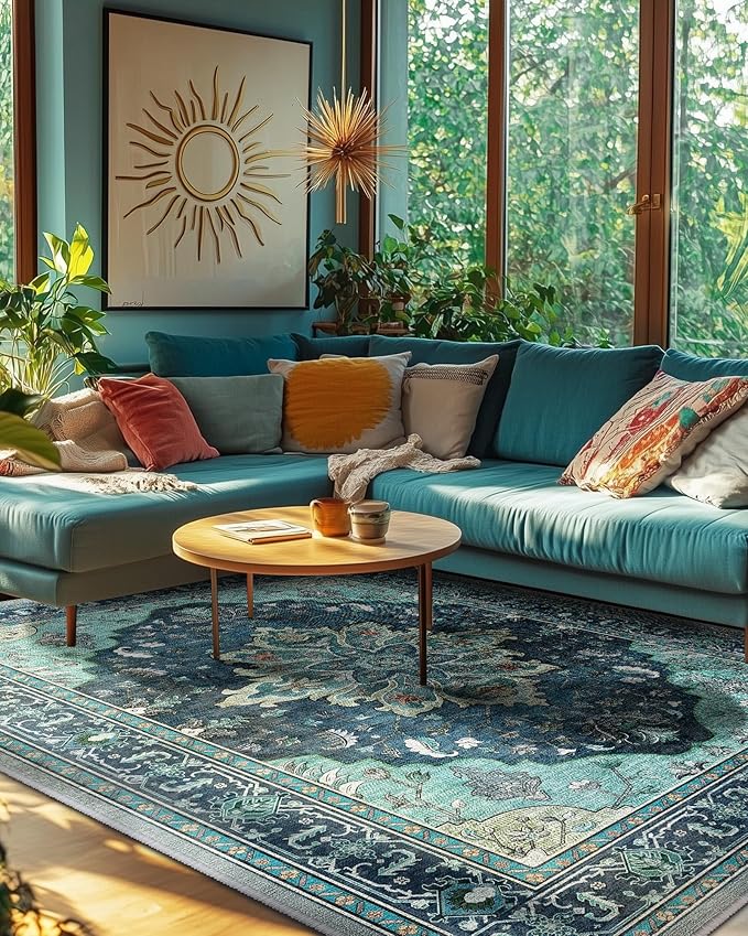 Area Rugs Square 8ft Washable Non-Slip, Floral Vintage Distress Print Pattern Medallion Carpet for Living Room Bedroom Dining Room, Teal Green Lake Blue