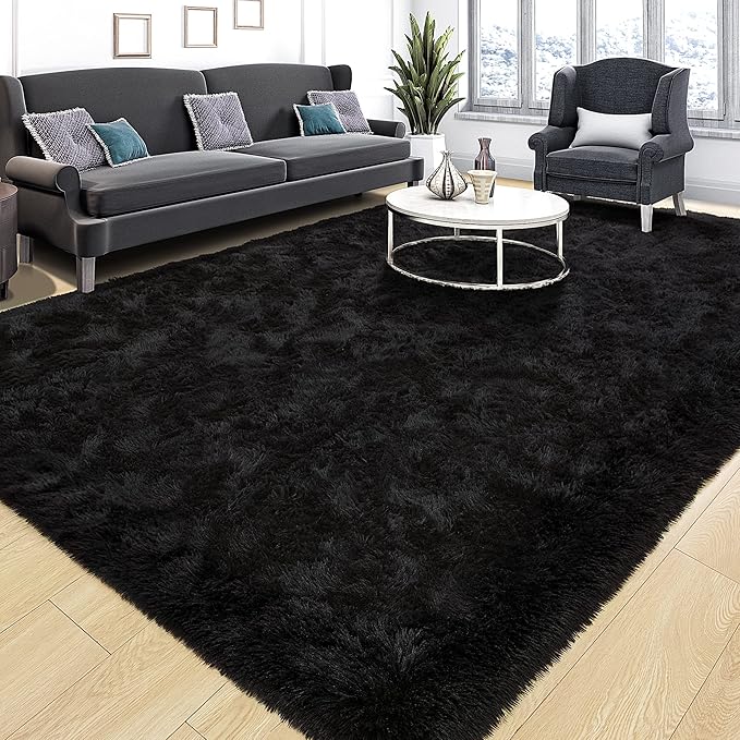 Tepook Super Soft Fluffy Rugs for Bedroom, Shag 5x7 Area Rugs for Living Room, Modern Shaggy Rug Fuzzy Carpets for Kids, Plush Indoor Nursery Home Decor Rug with Non-Slip Bottom, Black