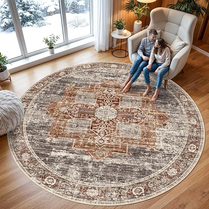 RUUGME Washable 9 ft Round Area Rug - Large Boho Rugs for Living Room Stain Resistant Carpet Vintage Tribal Rugs for Bedroom Kitchen Bathroom with Non Slip Backing Decor Floor Mat 9ft Brick
