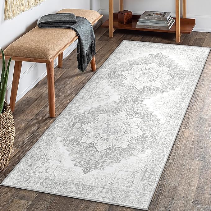 Washable Runner - 2x6 Boho Hallway Rug, Non Slip Kitchen Runner, Soft Vintage, Oriental Distressed, Low-Pile Floor Carpet for Laundry, Indoor Entrance, Bathroom, Grey