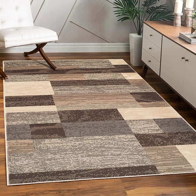 Superior Indoor Area Rug, Jute Backed, Modern Geometric Patchwork Floor Decor for Bedroom, Office, Living Room, Entryway, Hardwood Floors, Rockwood Collection, 3' x 5', Slate