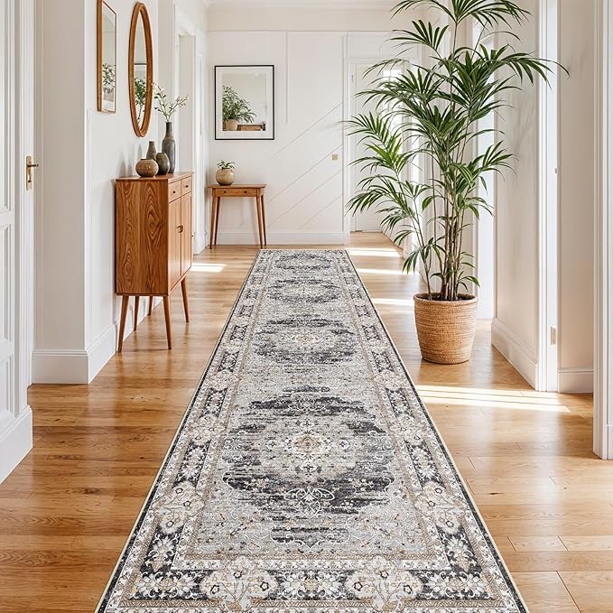 3x16 Runner Rug for Hallway Washable: Non Slip Kitchen Rugs with Rubber Backing Soft Waterproof Mats Stain Resistant Indoor Vintage Carpet Runner for Bedroom Bathroom Laundry Entryway Black/Gray