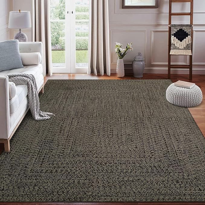 Washable Rug 9x12 Area Rug for Bedroom Print Braided Modern Living Room Rug Soft Large Area Rug Non Slip Throw Rugs Stain Resistant Carpet for Nursery Dining Room Office 9'x12' Black/Brown