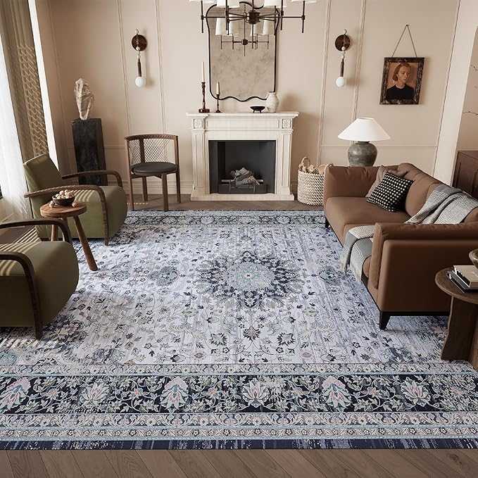 5x7 Rug, Washable Neutral Boho Modern Vintage Non Slip Floral Area Carpet, Low Pile Soft Rugs, Slip Resistance, Pet-Friendly, Durable Rug for Living Room, Bedroom, Kitchen, Dining Room