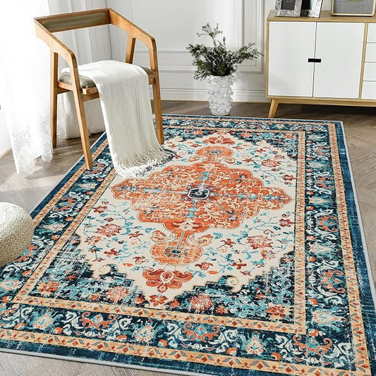 U'Artlines Boho Vintage Area Rug 3x5 Machine Washable Low Pile Soft Floor Carpet Non Slip Non Shedding Accent Rug for Living Room Bedroom Entryway Dining Room Office Orange/Multi
