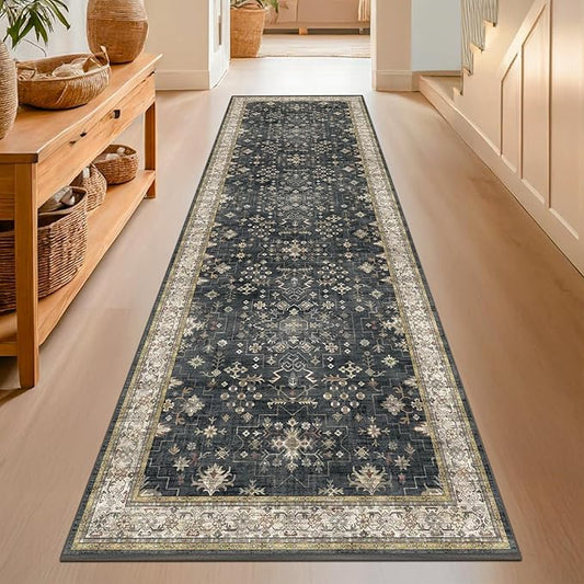 Black Washable Long Runners for Hallways, 2'6"x8' Wide Kitchen Runner Rug, Entryway Indoor Rug, Non Slip Rubber Backing Boho Vintage Floor Decor