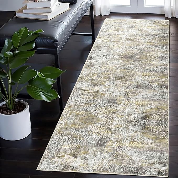 vivorug Washable Rug, Ultra Soft Runner Rug 2x10, Non Slip Abstract Rug, Runners for Hallway Living Room, Modern Fuzzy (Mustard, 2'x10')