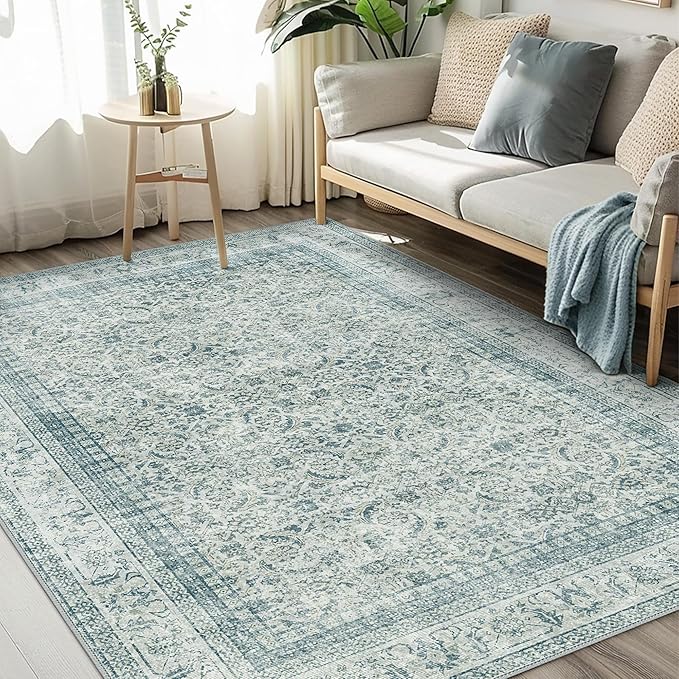 Area Rugs for Living Room 9x12 Machine Washable Rug, Boho Vintage Retro Floral Carpet for Bedroom Dining Room, Low Pile Lightweight Non Slip Rug, Blue