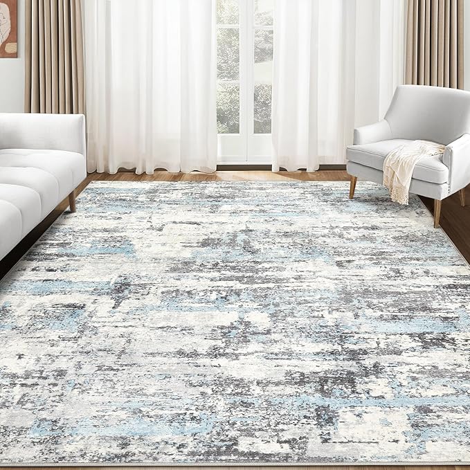 Area Rugs for Living Room: 9x12 Abstract Washable Rug Modern Neutral Large Soft Stain Resistant Non-Slip Backing Machine Table for Bedroom Dining Room Indoor Home Office Carpet - Blue Grey