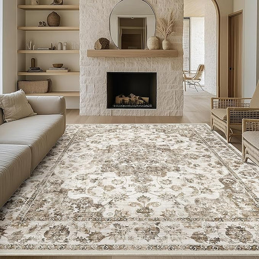 10x12 Neutral Area Rug Brown Floral Living Room Bedroom Large Carpet Non-Slip Low Pile Vintage Soft Thin Washable Throw Rug for Dining Room Office Kitchen Indoor Nursery